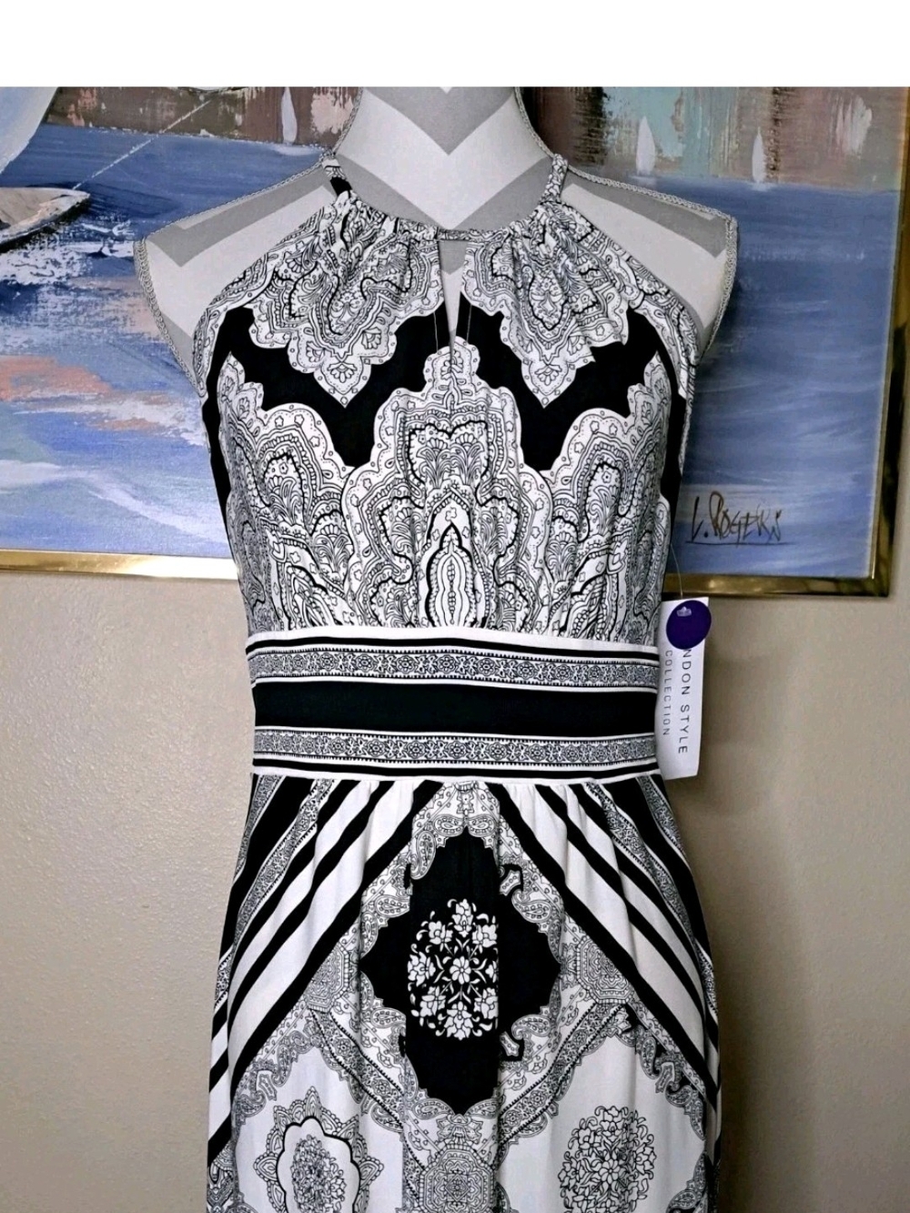 London Style Black & White One-Shoulder Paisley Print Dress